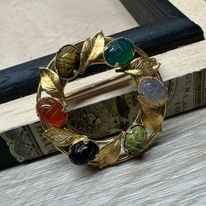 Vintage Signed KL 12K Yellow Gold Filled Multi Stone Scarab Brooch Pin